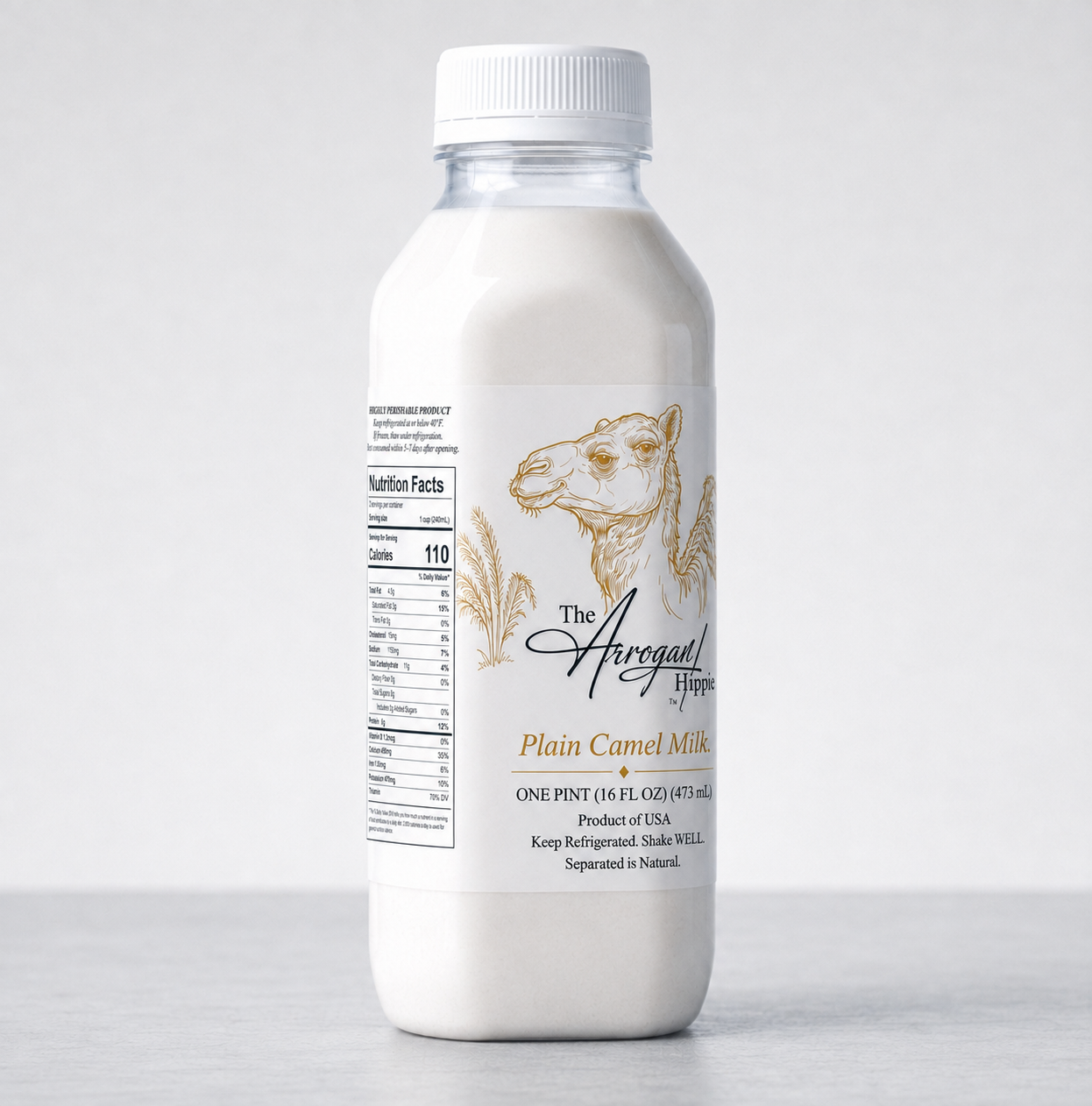 The Arrogant Hippie pasteurized camel milk pint bottle, front-left view