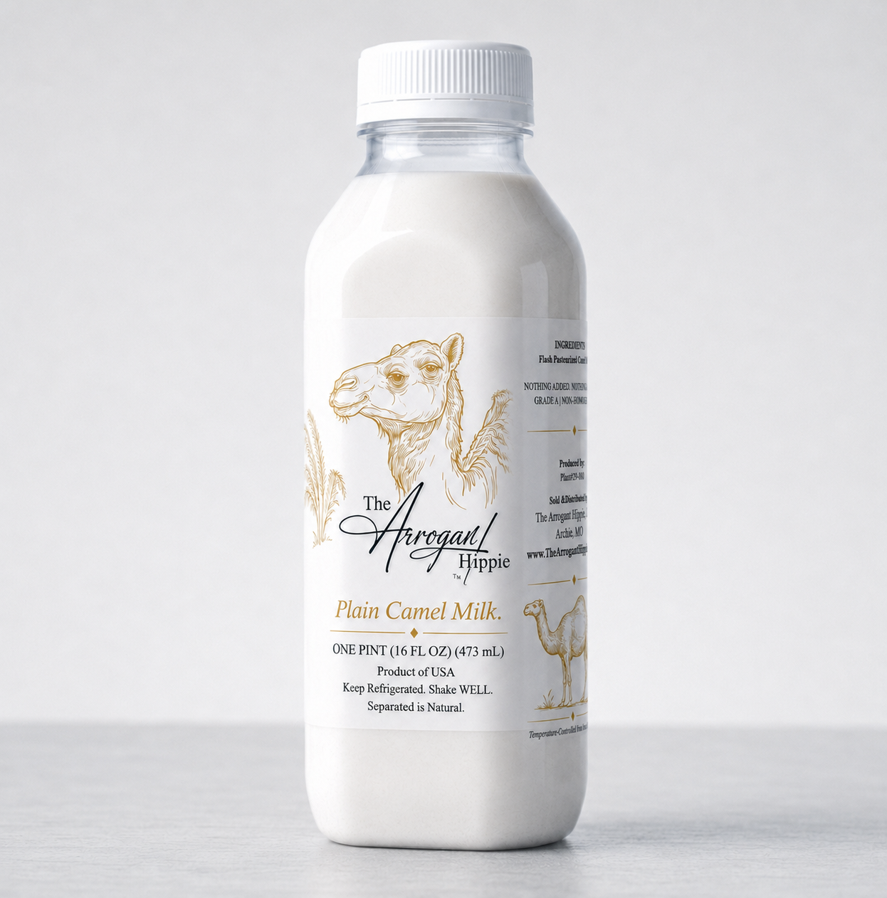 The Arrogant Hippie pasteurized camel milk pint bottle, front-right view