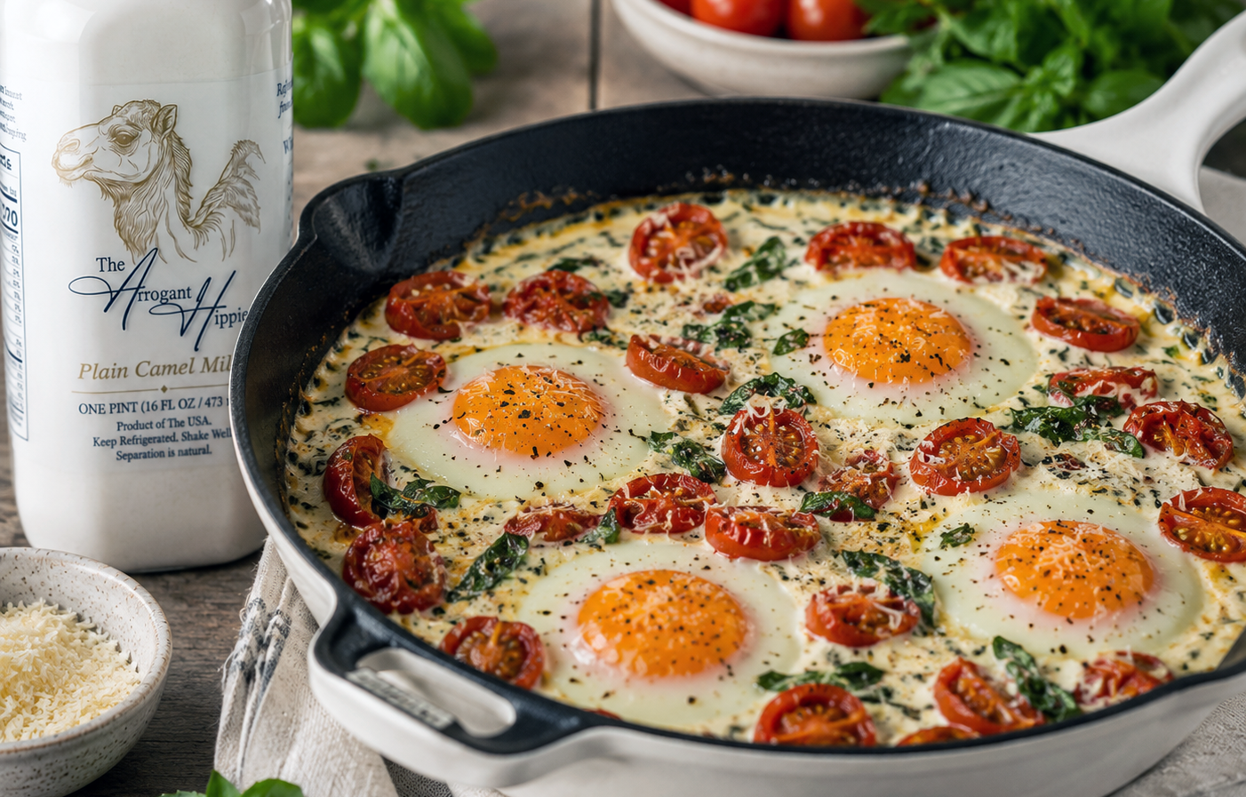Camel Milk Baked Eggs with Roasted Tomato and Herb Cream