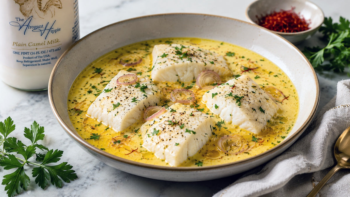 Camel Milk Poached Halibut with Saffron Broth