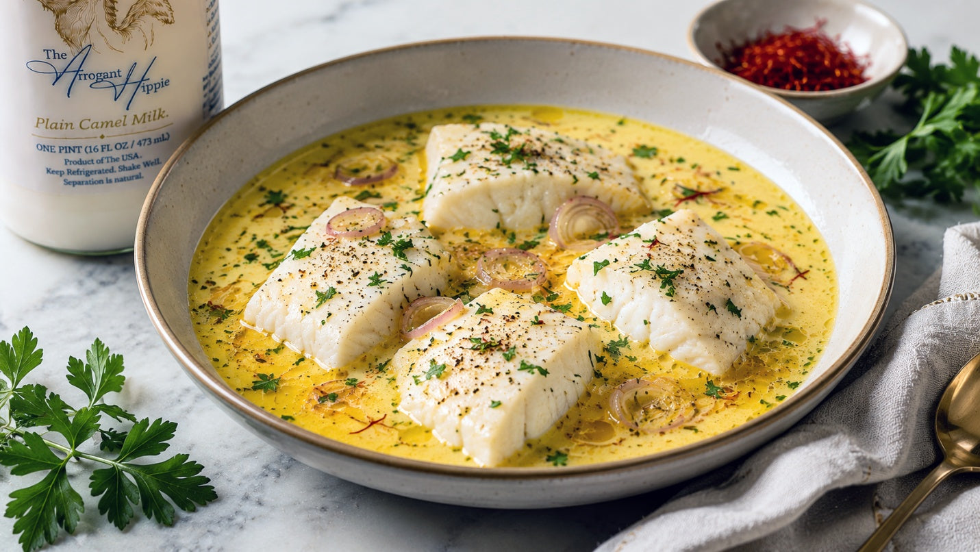 Camel Milk Poached Halibut with Saffron Broth